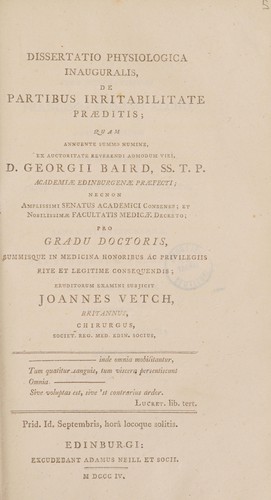 Cover for Dissertatio physiologica inauguralis, de partibus irritabilitate praeditis