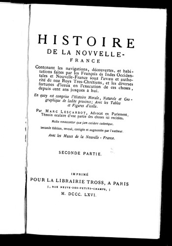 Cover for Histoire de la Nouvelle-France / par Marc Lescarbot.  Suivie des Muses de la Nouvelle-France