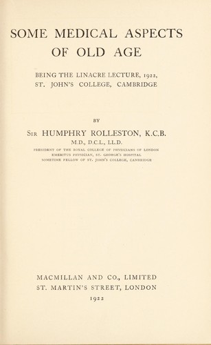Cover for Some medical aspects of old age