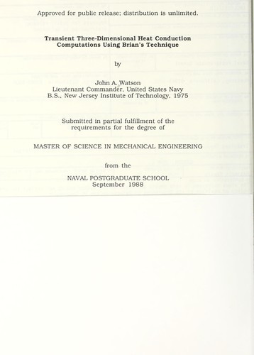 Cover for Transient three-dimensional heat conduction computations using Brian's technique