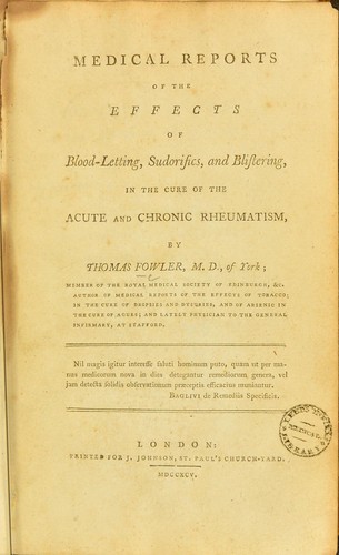 Cover for Medical reports of the effects of blood-letting, sudorifices, and blistering, in the cure of the acute and chronic rheumatism