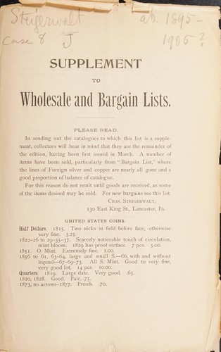 Cover for Supplement to wholesale and bargain list. [Fixed price list J, 1900]