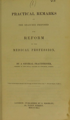 Cover for Practical remarks on the measures proposed for reform in the medical profession