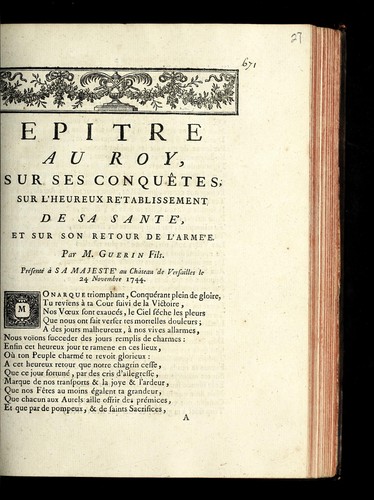 Cover for Epitre au roy, sur ses conque tes, sur l'heureux re tablissement de sa sante , et sur son retour de l'arme e ...