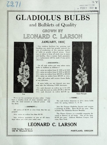 Cover for Gladiolus bulbs and bulblets of quality grown by Leonard C. Larson