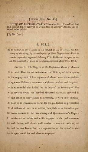 Cover for A bill to be entitled An act to amend an act entitled An act to increase the efficiency of the army, by the employment of free Negroes and slaves in certain capacities, approved February 17th, 1864, and to repeal an act for the enlistment of cooks in the army, approved April 21st, 1862.