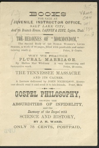 Cover for Books for sale at Juvenile Instructor Office, Salt Lake City, and its branch house, Cannon & Sons, Ogden, Utah