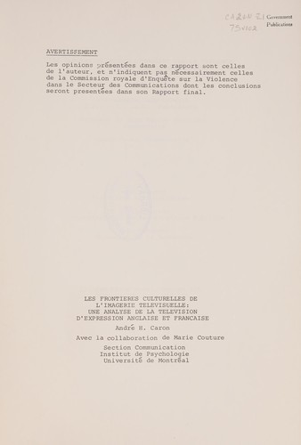 Cover for FRONTIERES CULTURELLES DE L'IMAGERIE TELEVISUELLE
