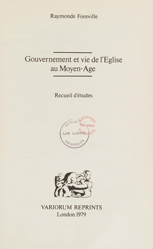 Cover for Gouvernement et vie de l'Église au Moyen-Age