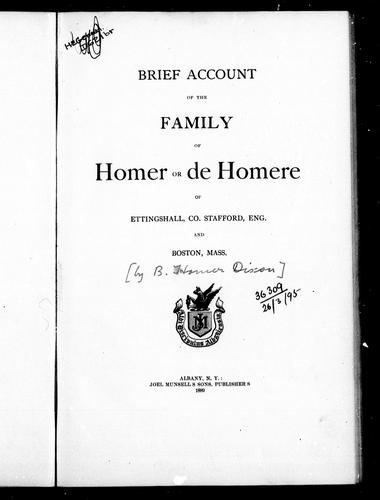 Cover for Brief account of the family of Homer or de Homere of Ettingshall, Co. Stafford, Eng. and Boston, Mass