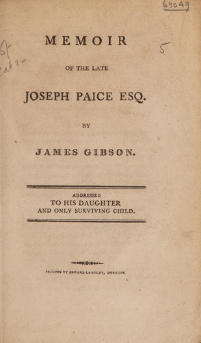 Cover for Memoir of the late Joseph Paice Esq