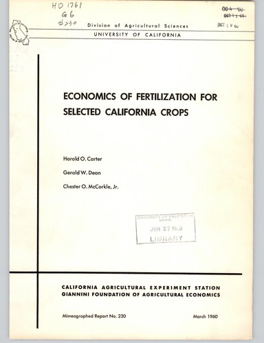 Cover for Economics of fertilization for selected California crops