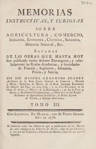 Cover for Memorias instructivas, y curiosas sobre agricultura, comercio ... &c