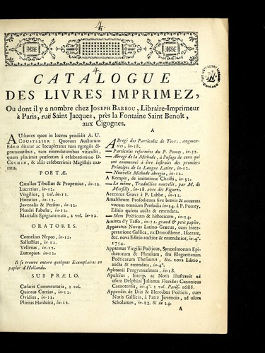 Cover for Catalogue des livres imprimez, ou dont il y a nombre chez Joseph Barbou, libraire-imprimeur a   Paris, rue  Saint Jacques, pre  s la fontaine Saint Benoi t, aux Cigognes