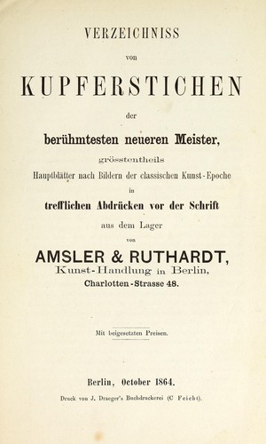 Cover for Verzeichniss von Kupferstichen der berühmtesten neueren Meister, grösstentheils Hauptblätter nach Bildern der classischen Kunst-Epoche in trefflichen Abdrücken vor der Schrift aus dem Lager