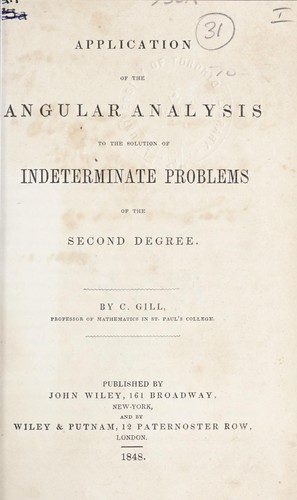 Cover for Application of the angular analysis to the solution of indeterminate problems of the second degree
