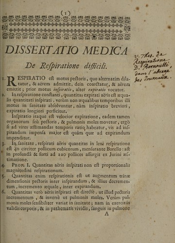 Cover for Dissertatio medica de respiratione difficili