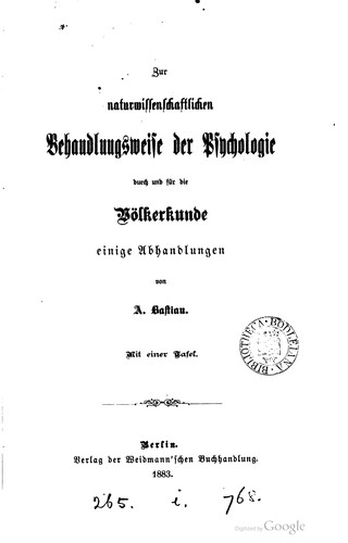 Cover for Zur naturwissenschaftlichen behandlungsweise der psychologie durch und für die völkerkunde