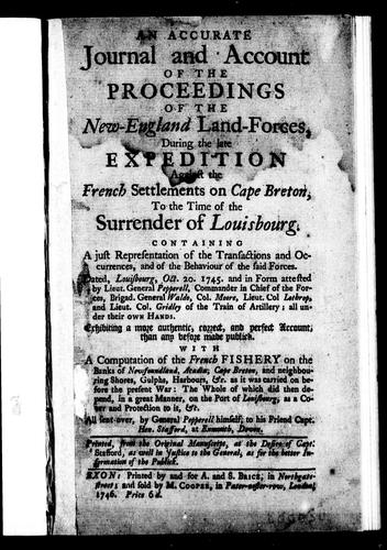 Cover for An accurate journal and account of the proceedings of the New-England land-forces, during the late expedition against the French settlements on Cape Breton, to the time of the surrender of Louisbourg