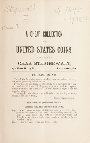 Cover for A cheap collection of United States coins. [Fixed price list F, 1901?]