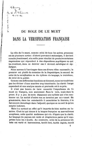Cover for Du rôle de l'e muet dans la versification française