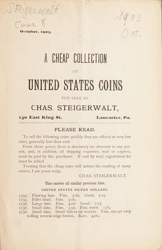 Cover for A cheap collection of United States coins. [Fixed price list, October 1903]
