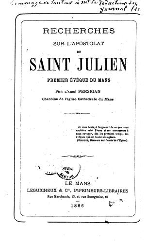 Cover for Recherches sur l'apostolat de Saint Julien: premier évêque du Mans