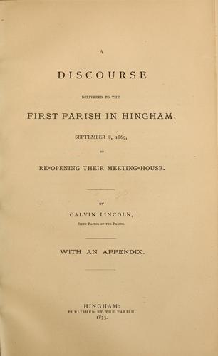 Cover for A discourse delivered to the First Parish in Hingham, September 8, 1869