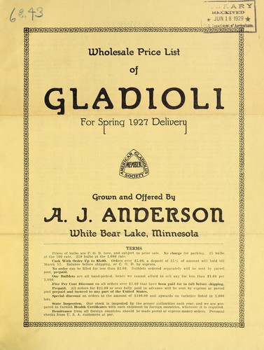 Cover for Wholesale price list of gladioli for spring 1927 delivery