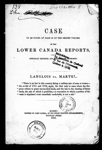 Cover for Case, to be found at page 36 of the second volume of the Lower Canada Reports
