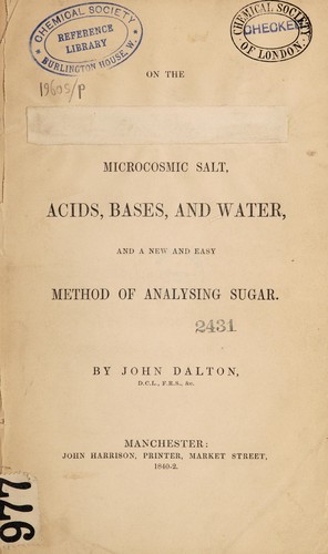 Cover for On the microcosmic salt, acids, bases, and water, and a new ... method of analysing sugar