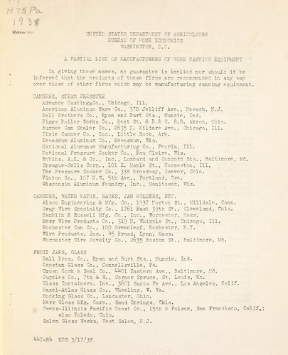 Cover for A partial list of manufacturers of home canning equipment