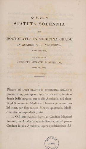 Cover for Statuta solennia de doctoratus in medicina gradu in Academia Edinburgena capessendo, in posterum jubente Senatu Academico, observanda
