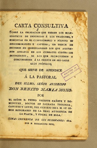 Cover for Carta consultiva sobre la obligación que tienen los eclesiásticos de denunciar á los traidores