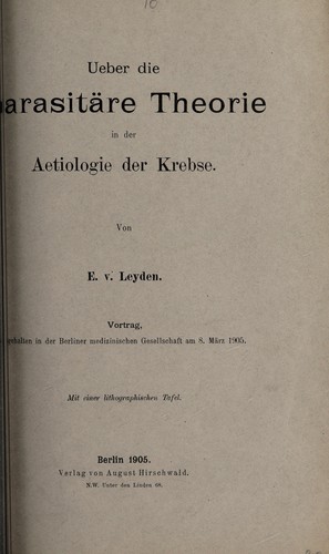 Cover for Ueber die parasitäre Theorie in der Aetiologie der Krebse