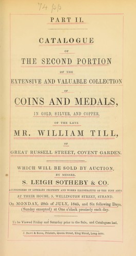 Cover for Catalogue of the second portion of the extensive and valuable collection of coins and medals, in gold silver and copper, of the late William Till, of Russell Street, Covent Garden ...