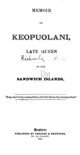 Cover for Memoir of Keopuolani, late queen of the Sandwich Islands ...