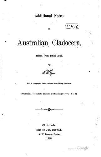 Cover for Additional notes on Australian Cladocera