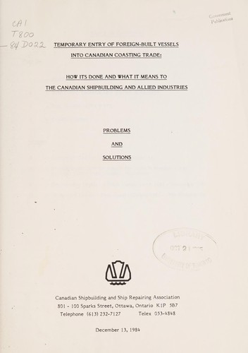 Cover for SUBMISSION TO THE TASK FORCE ON DEEP-SEA SHIPPING - CANADA