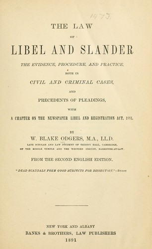 Cover for The law of libel and slander