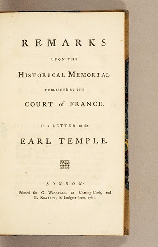 Cover for Remarks upon the historical memorial published by the Court of France