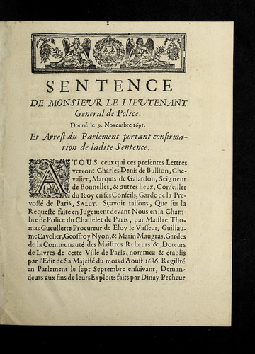 Cover for Sentence de Monsieur le Lieutenant General de Police