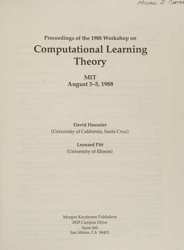Cover for Proceedings of the 1988 Workshop on Computational Learning Theory, MIT, August 3-5, 1988