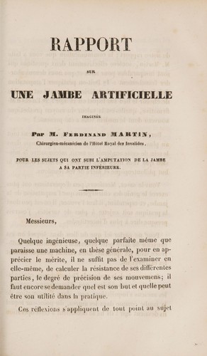 Cover for Rapport sur une jambe artificielle imaginée par M. Ferdinand Martin ... pour les sujets qui ont subi l'amputation de la jambe à sa partie inférieure