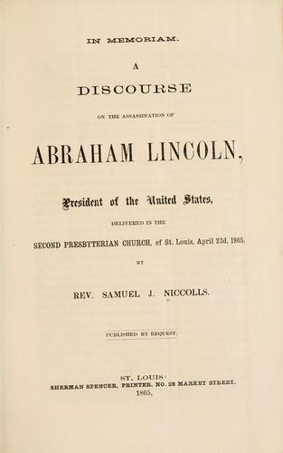 Cover for In memoriam. A discourse on the assassination of Abraham Lincoln...