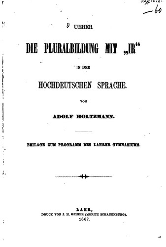 Cover for Ueber die Pluralbildung mit "ir" in der hochdeutschen Sprache.