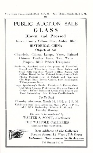 Cover for Glass, blown and pressed, green, canary yellow, rose, amber, blue; historical china, objects of art, girandole, chintz, lamps, vases, painted Chinese feather fans, two Wyon plaques, 1840, pewter teaspoons