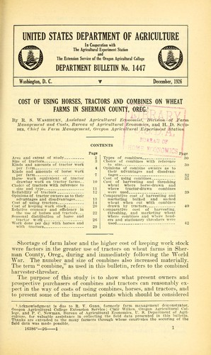 Cover for Cost of using horses, tractors and combines on wheat farms in Sherman County, Oreg