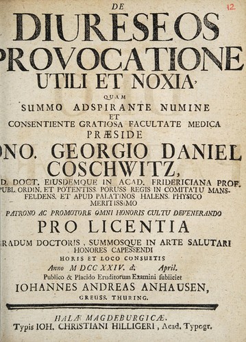 Cover for Dissertatio inauguralis medica de diureseos provocatione utili et noxia ...