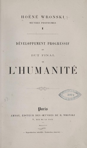 Cover for Œuvres posthumes: 1. Développement progressif et but final de l'humanité